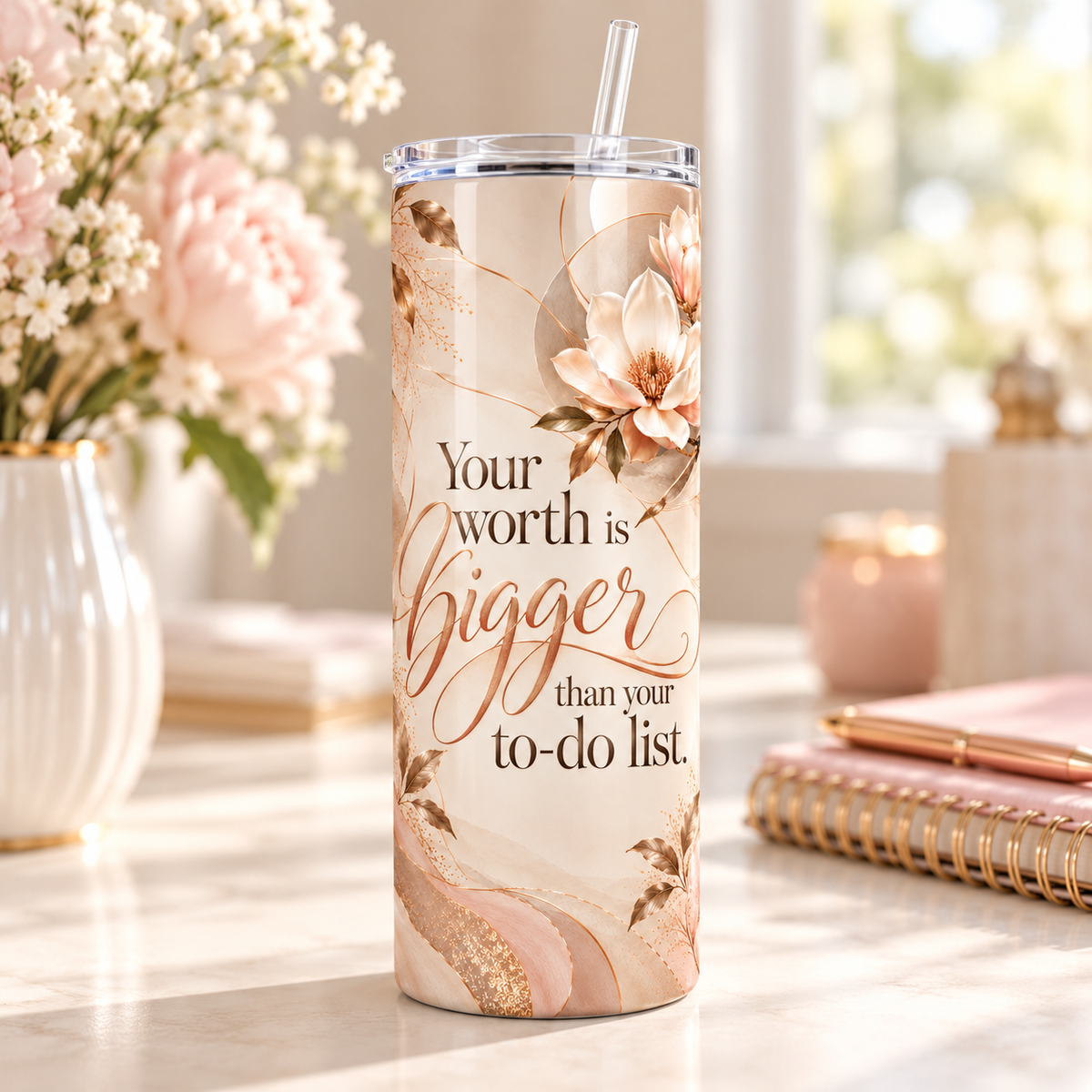 Self Worth 20oz Tumbler – desk view