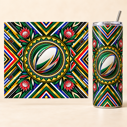 South African Geometric Rugby 20oz tumbler beside the full matching print design