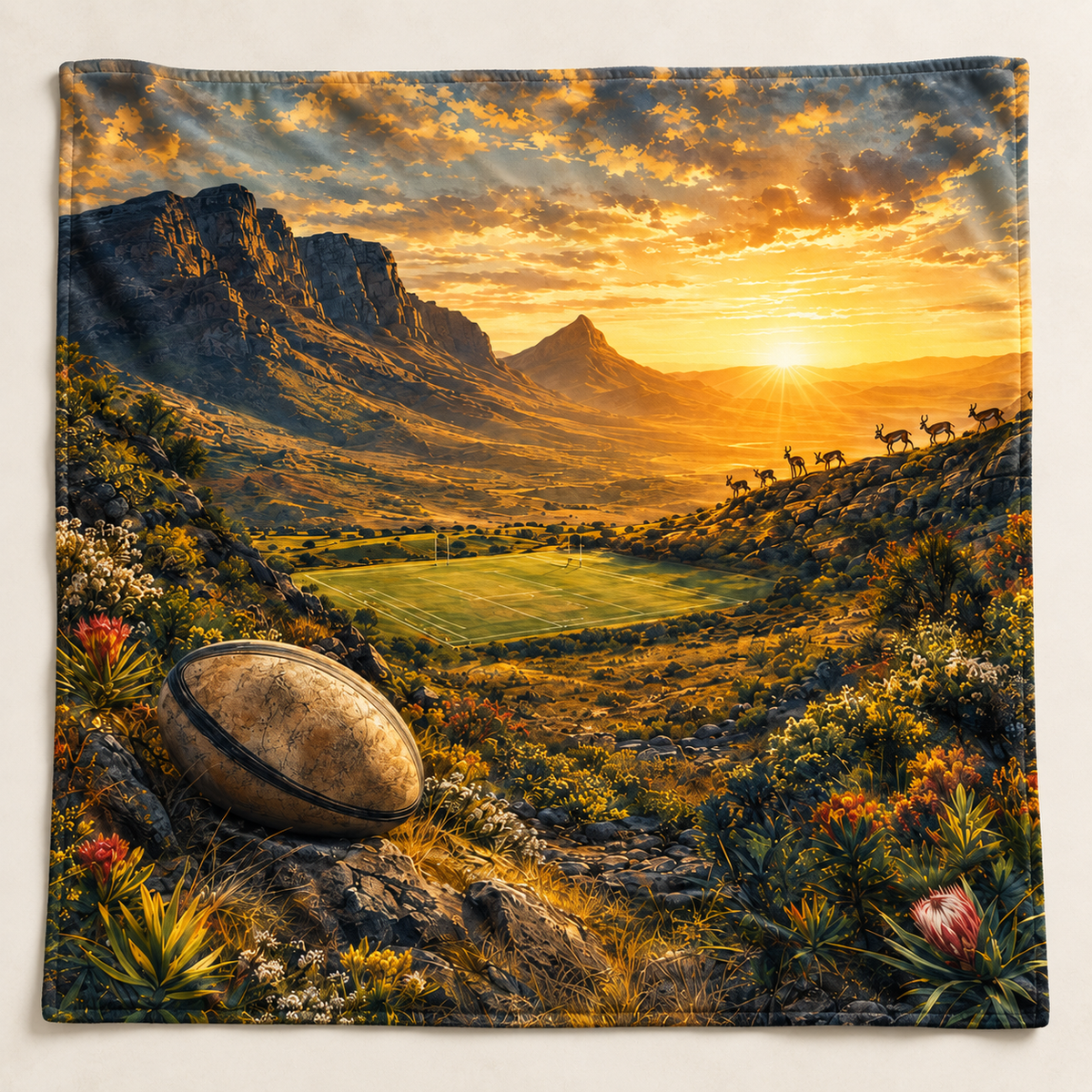 South African Rugby Valley Sunset 1450 × 1450 mm printed blanket showing the complete design (mockup)