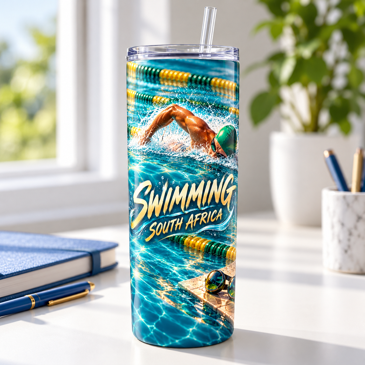 Swimming Lanes 20oz Tumbler – desk view