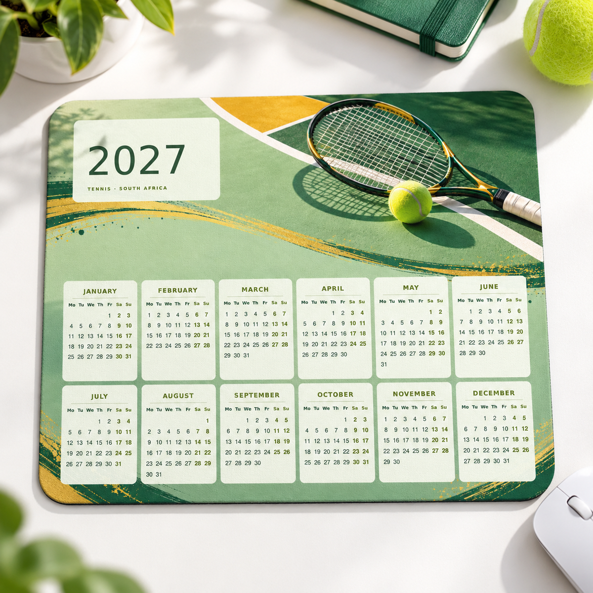 Tennis Green And Gold 2027 Calendar Mousepad – desk view