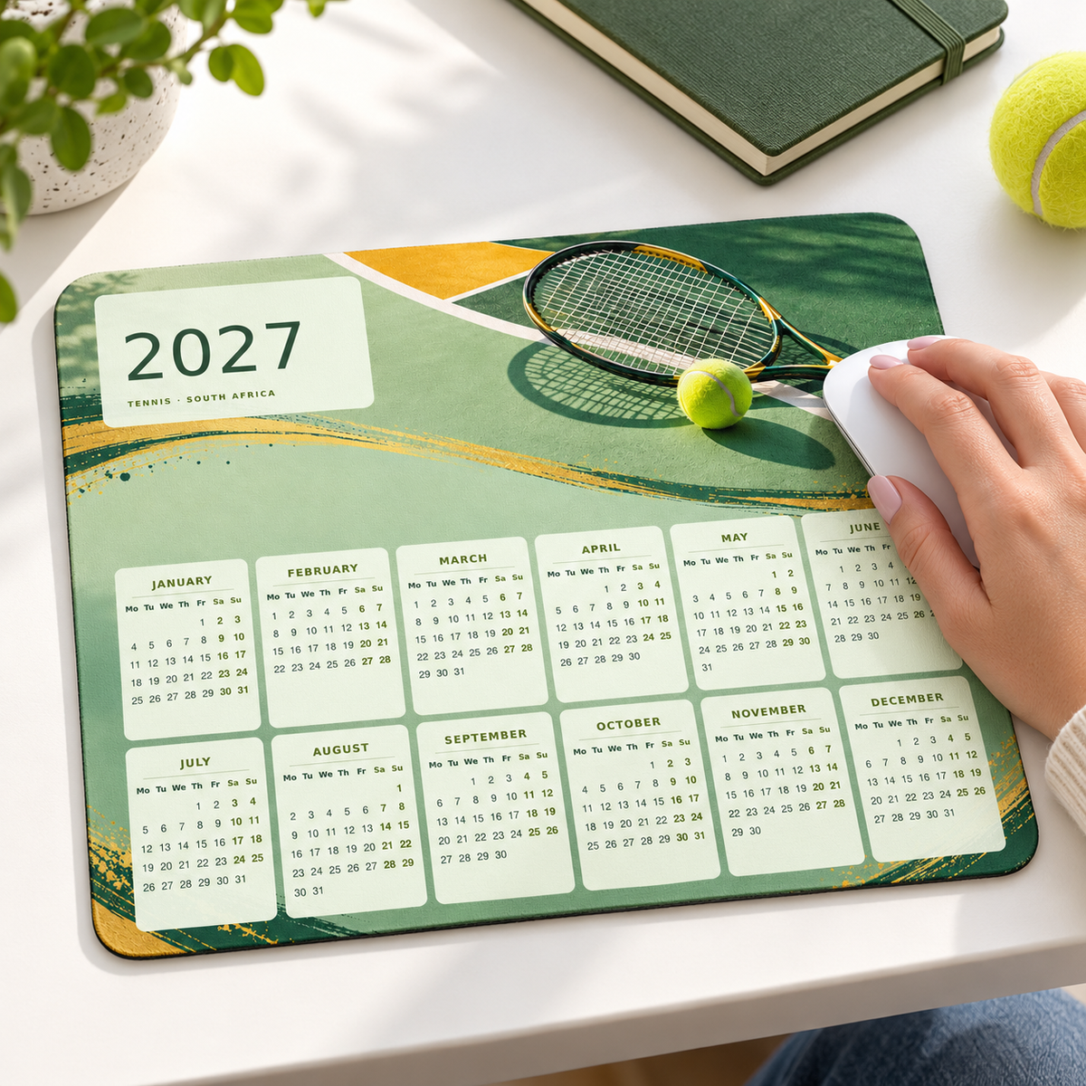 Tennis Green And Gold 2027 Calendar Mousepad – lifestyle view