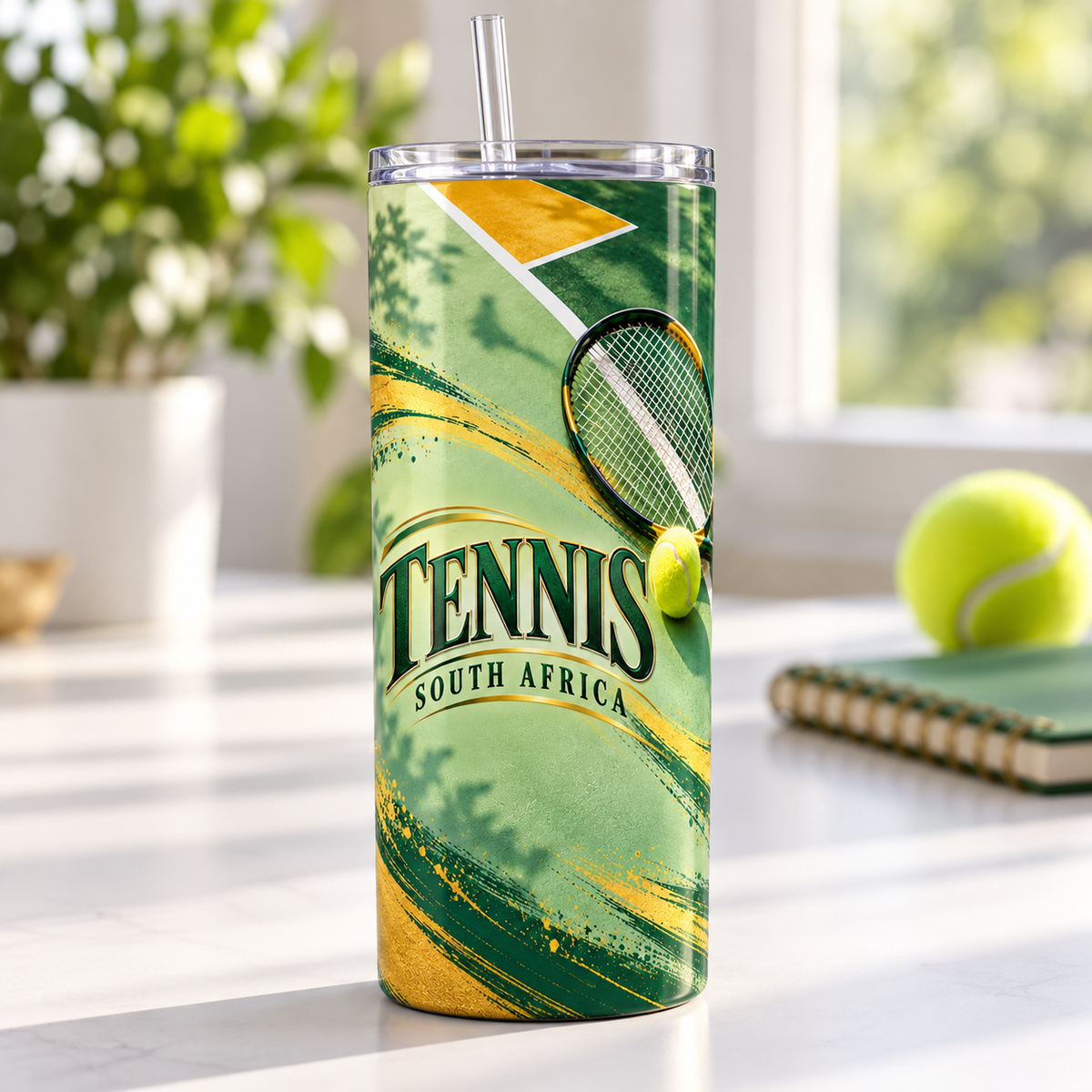 Tennis Green And Gold 20oz Tumbler – desk view