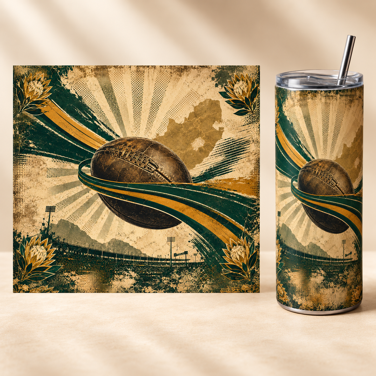 Vintage Rugby Heritage 20oz tumbler beside the full matching print design
