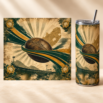 Vintage Rugby Heritage 20oz tumbler beside the full matching print design