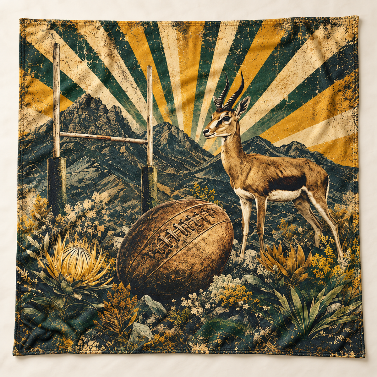 Vintage Springbok Rugby Sunburst 1450 × 1450 mm printed blanket showing the complete design (mockup)