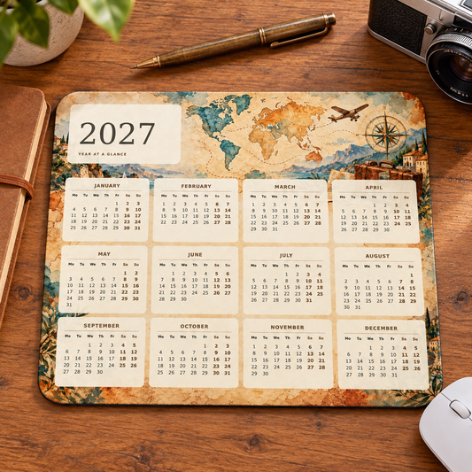 Wanderlust Map 2027 Calendar Mousepad – desk view