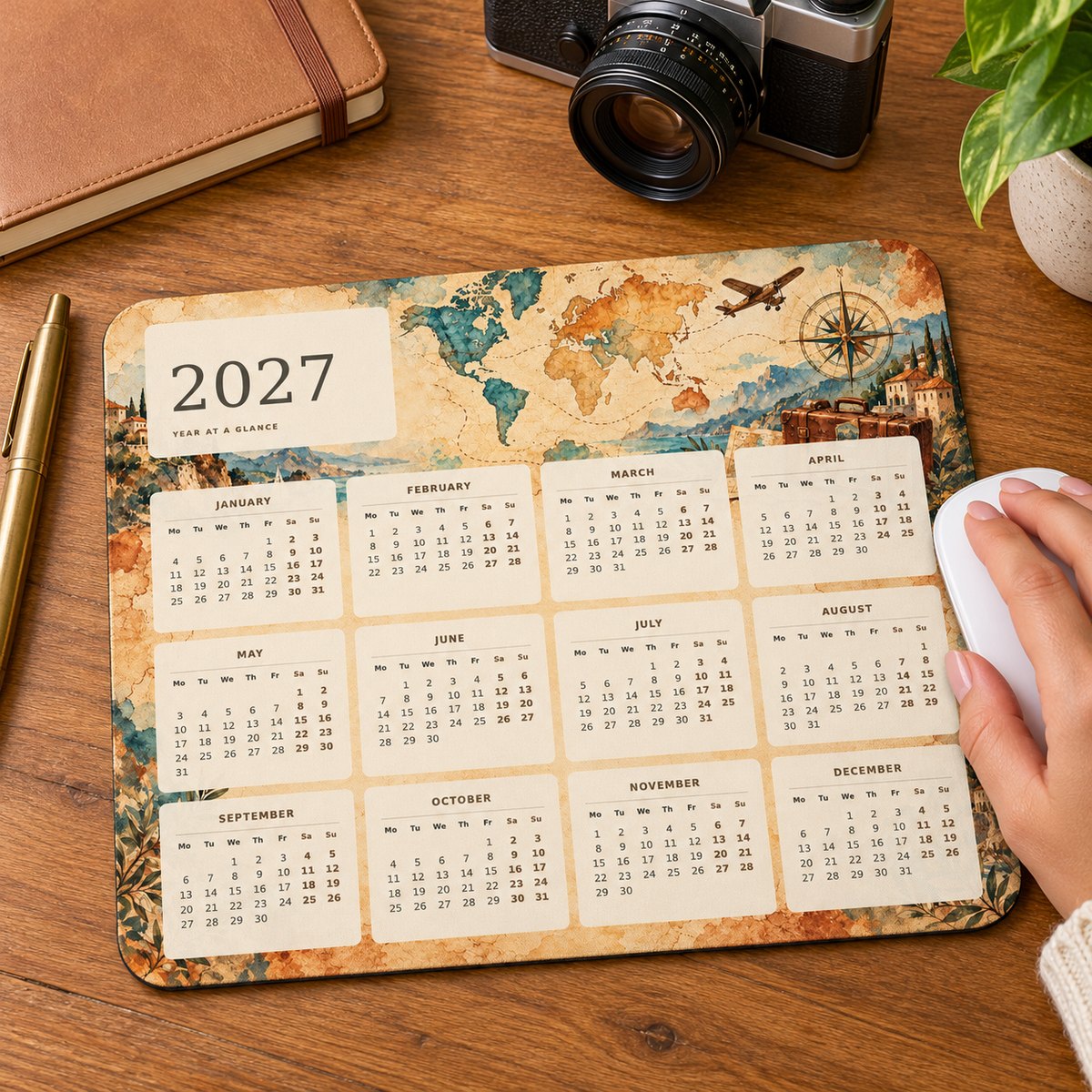 Wanderlust Map 2027 Calendar Mousepad – lifestyle view