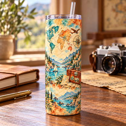 Wanderlust Map 20oz Tumbler – desk view