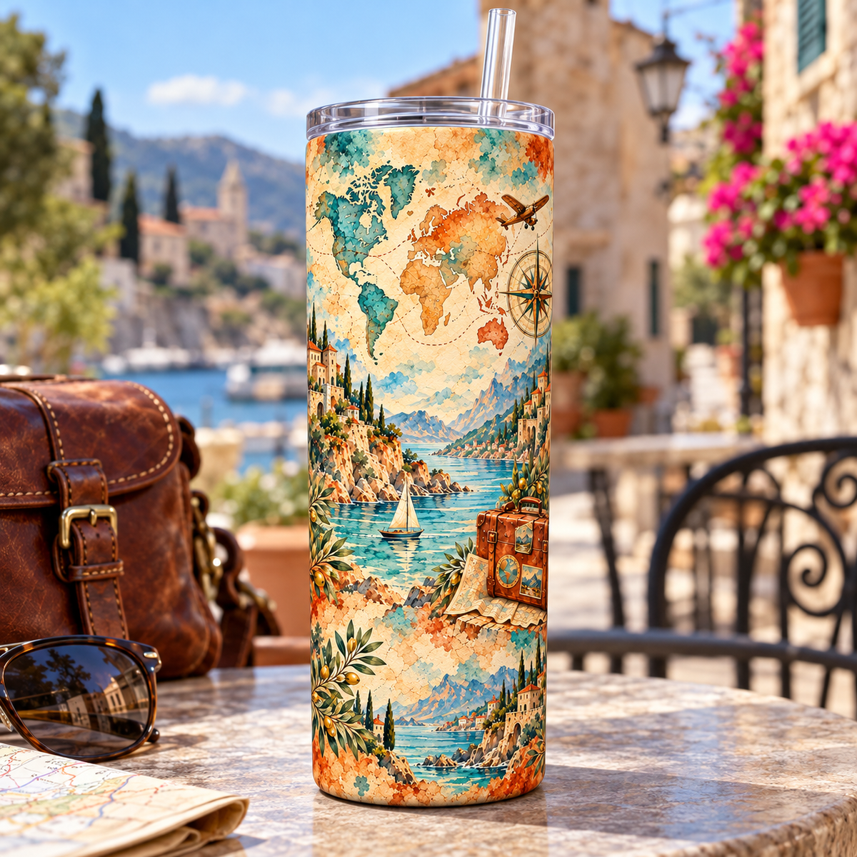 Wanderlust Map 20oz Tumbler – lifestyle view