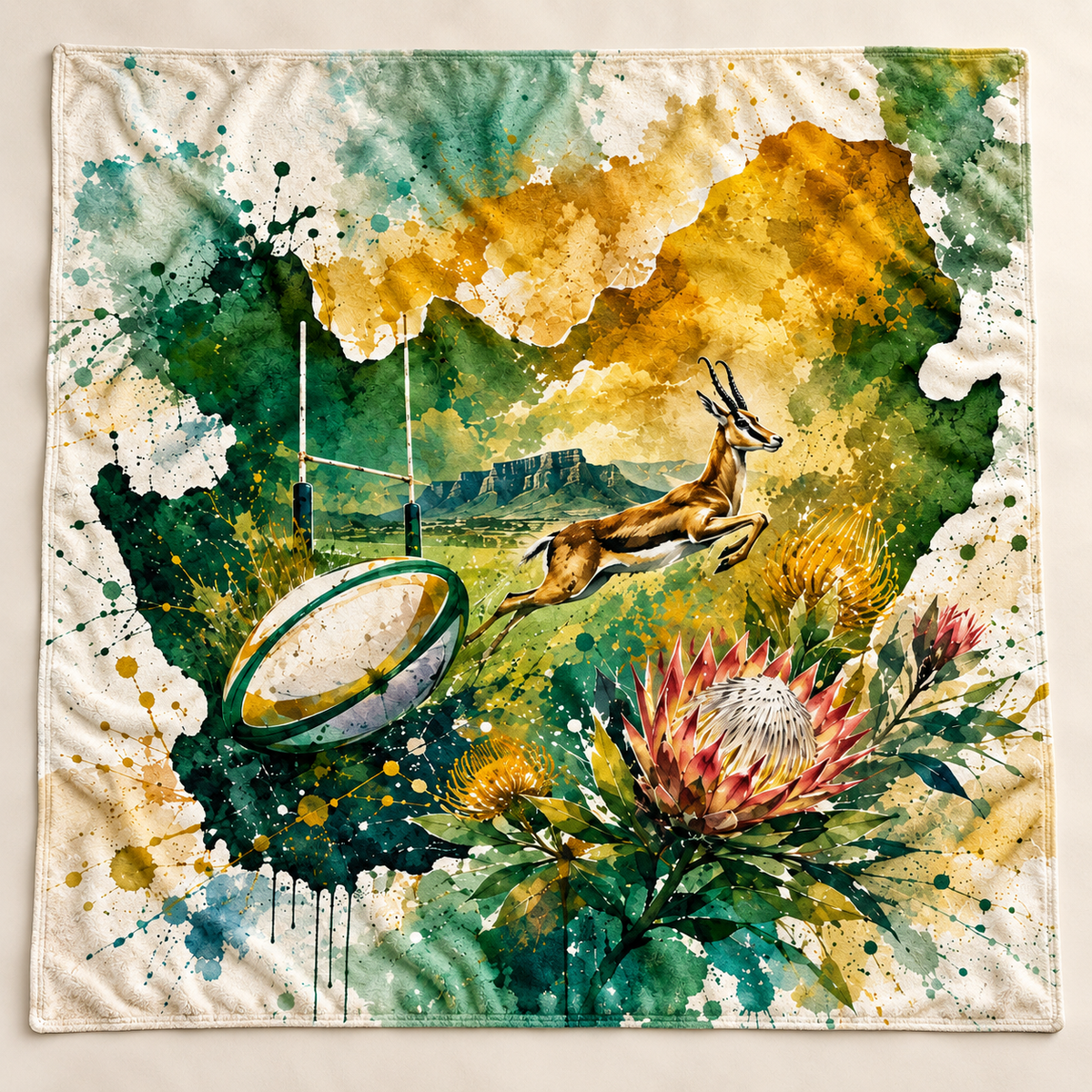 Watercolour Rugby Meadow 1450 × 1450 mm printed blanket showing the complete design (mockup)