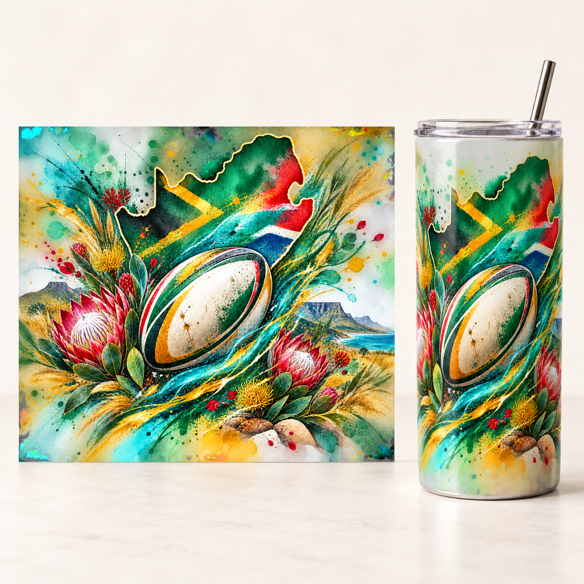 Watercolour South African Rugby 20oz tumbler beside the full matching print design