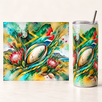 Watercolour South African Rugby 20oz tumbler beside the full matching print design