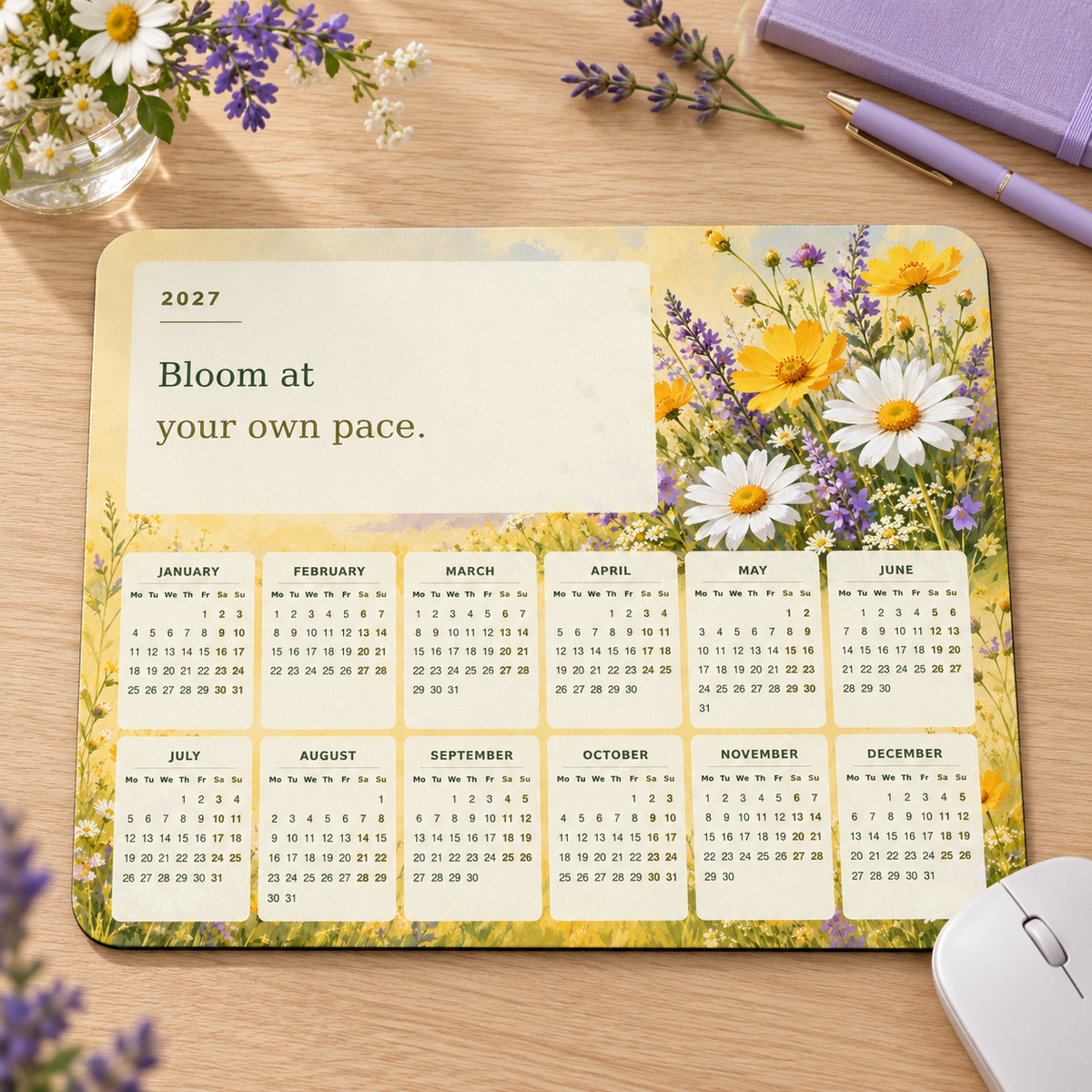 Wildflower Confidence 2027 Calendar Mousepad – desk view