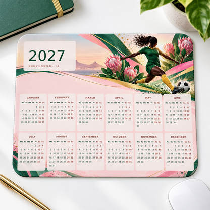 Women's Football Rise 2027 Calendar Mousepad – desk view