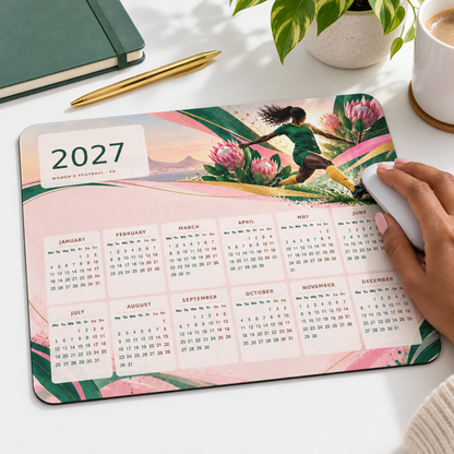 Women's Football Rise 2027 Calendar Mousepad – lifestyle view