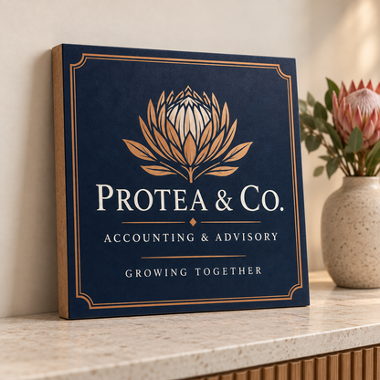 40 by 40 cm square custom wood canvas for corporate reception branding with protea logo