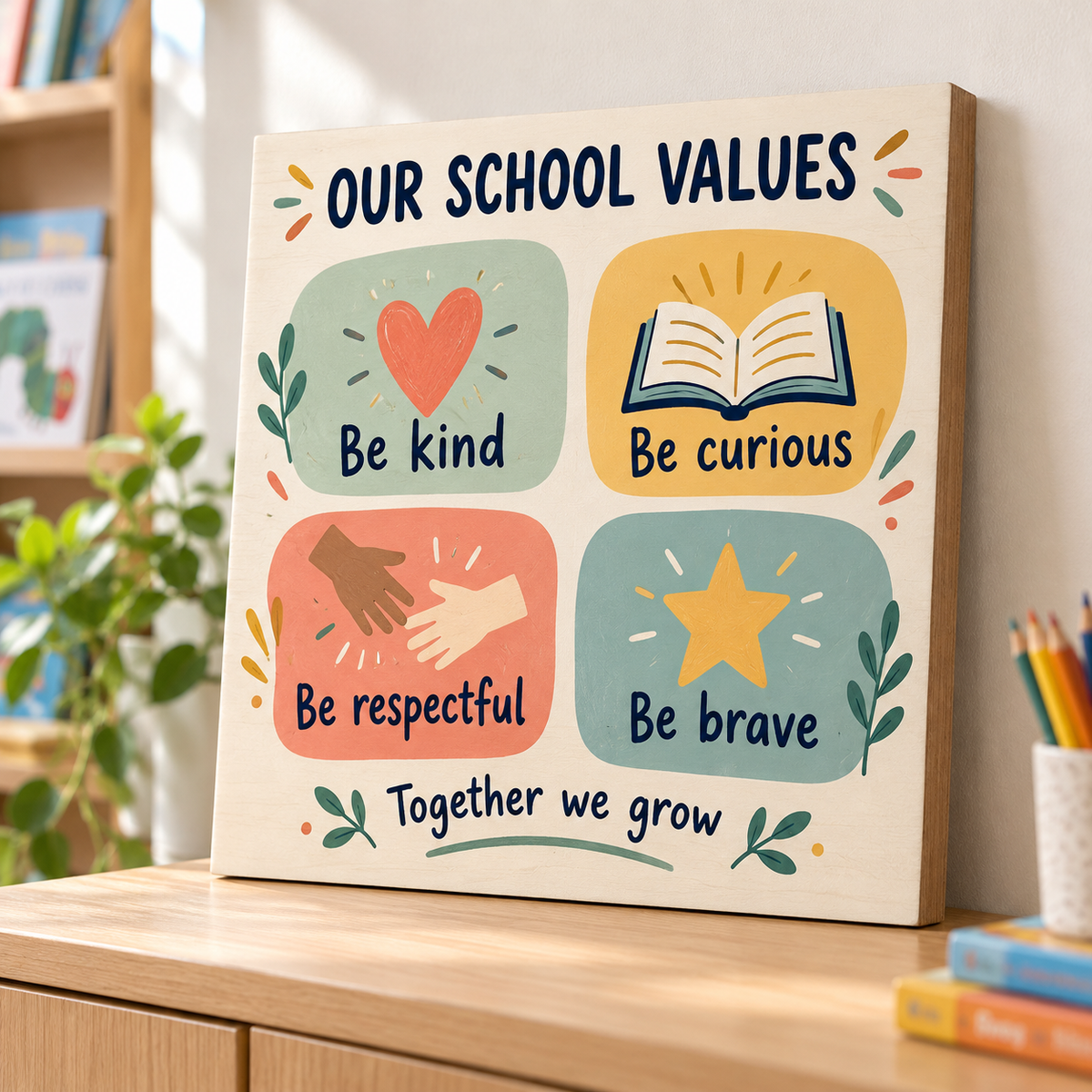 40 by 40 cm square wood canvas with colourful school values
