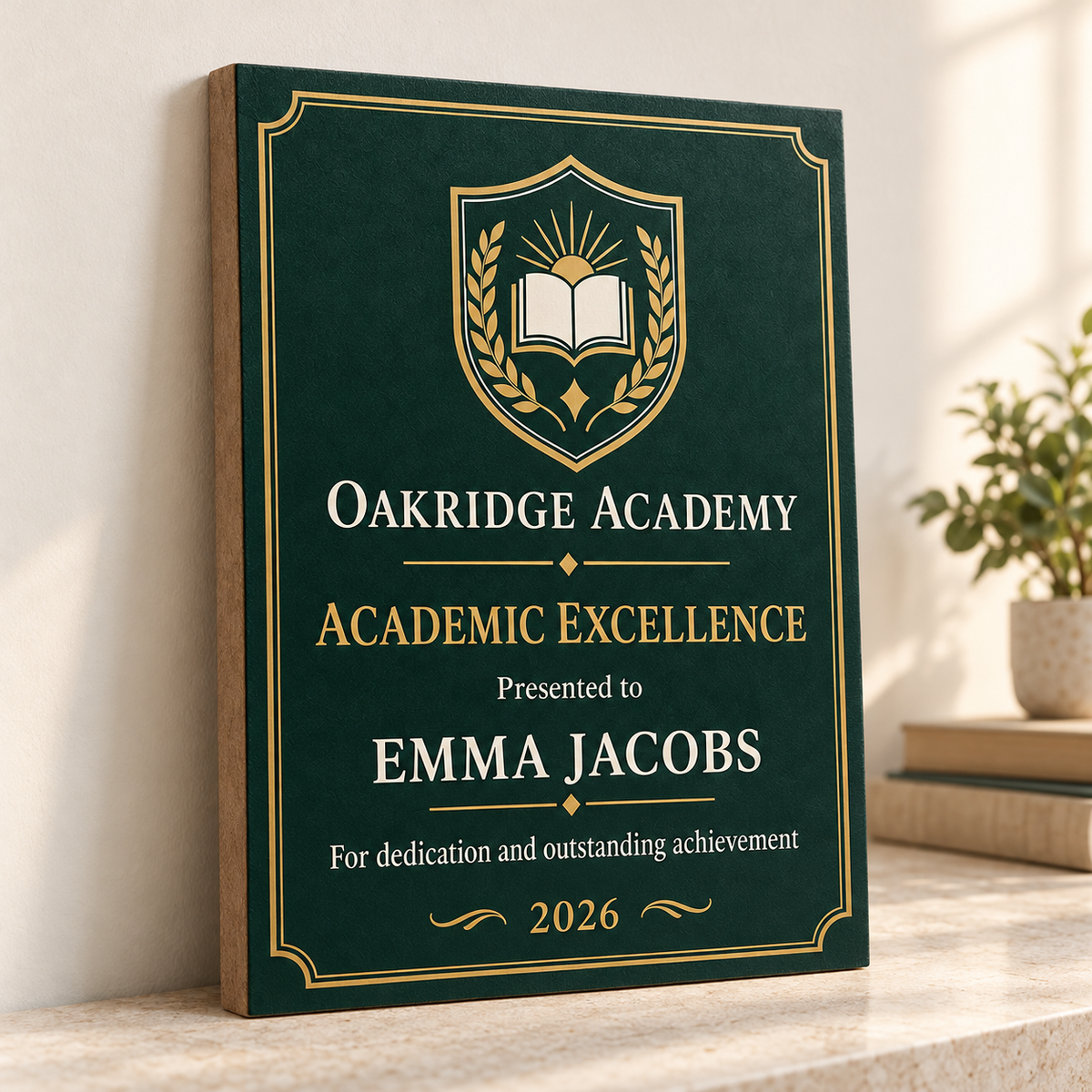 A3 personalised wood canvas academic excellence award in emerald green and gold