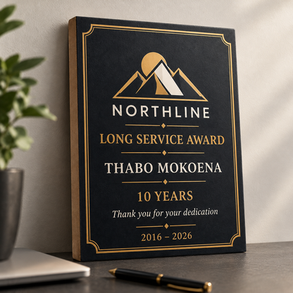 A4 custom printed wood canvas corporate long service award in charcoal and gold