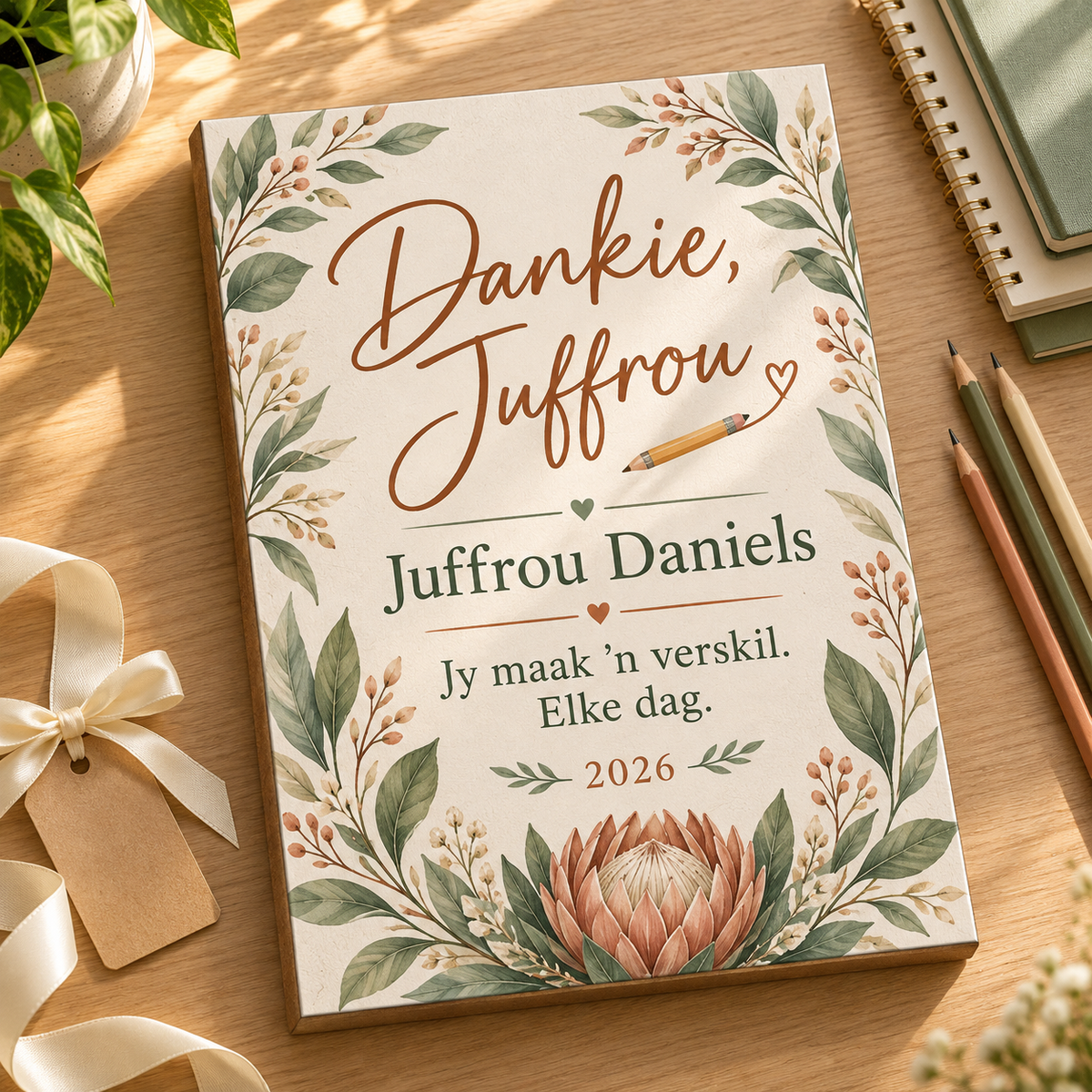 A4 Dankie Juffrou personalised teacher appreciation wood canvas with botanical protea artwork