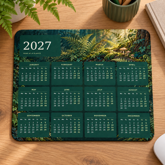Woodland Ferns 2027 Calendar Mousepad – desk view