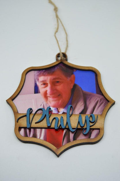 Christmas Ornament - Badge with photo and name - But Why Not - Personalized Gifts